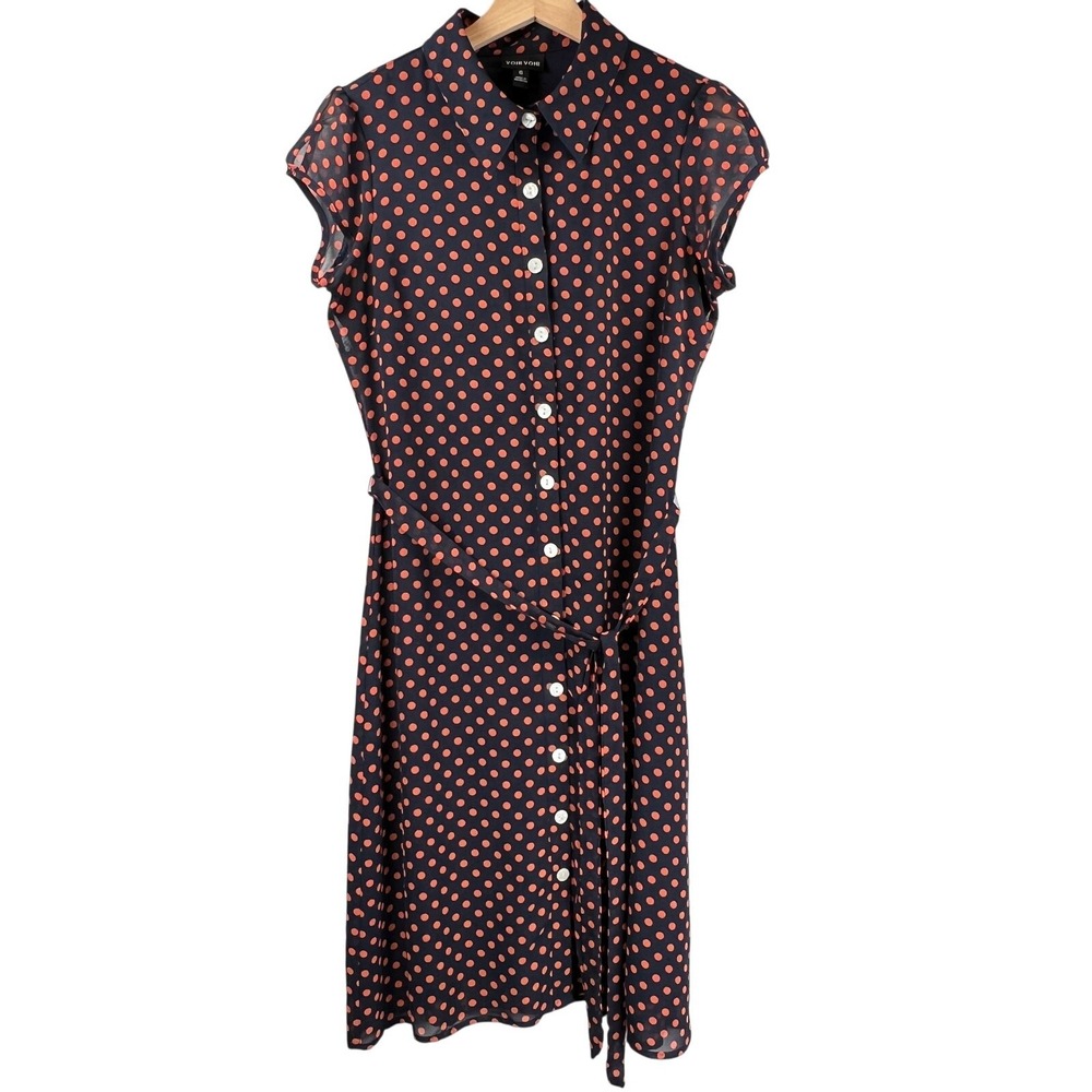 Voir Voir Polka Dot Dress Midi Navy Coral Cap Sleeve‎ Womens 6